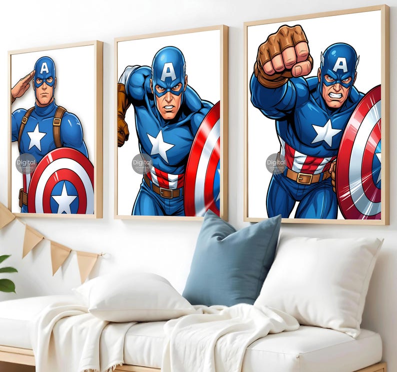 Captain America Inspired Wall Decor Set of 3, Superhero Prints for Boys Room, Kids Bedroom Art, Nursery Decor Posters, Instant Download