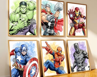 Superhero Watercolor Prints Set of 6, Boys Room Wall Art, Spiderman Iron Man Hulk Thor Captain America Black Panther, Digital Download