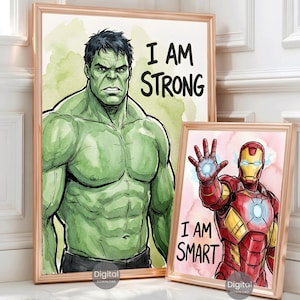 Superhero Prints Set Of 6, Watercolor Wall Art Boys Room Decor, Spiderman Iron Man Hulk Thor Captain America Black Panther Digital Download