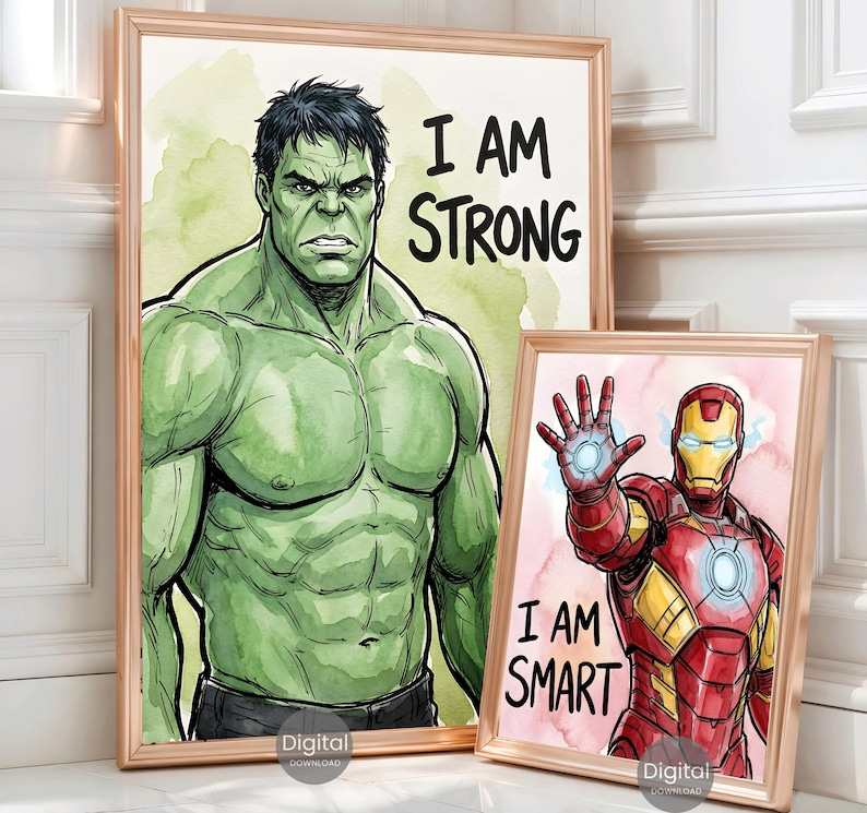 Superhero Prints Set Of 6, Watercolor Wall Art Boys Room Decor, Spiderman Iron Man Hulk Thor Captain America Black Panther Digital Download