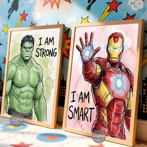 Superhero Prints Set Of 6, Watercolor Wall Art Boys Room Decor, Spiderman Iron Man Hulk Thor Captain America Black Panther Digital Download