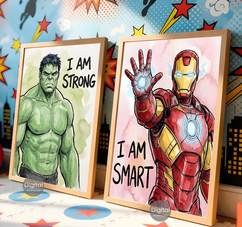 Superhero Prints Set Of 6, Watercolor Wall Art Boys Room Decor, Spiderman Iron Man Hulk Thor Captain America Black Panther Digital Download