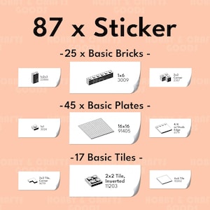 May include: An assortment of Lego bricks, plates, and tiles, including 1x6 bricks, 16x16 plates, and 2x2 tiles. The image displays the quantity of each item, such as 87 stickers, 25 basic bricks, 45 basic plates, and 17 basic tiles.