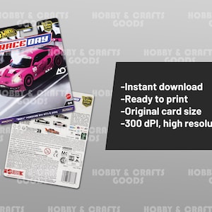 May include: A Hot Wheels Race Day die-cast car package featuring a pink Porsche 911 GT3 R. The card includes the text "ROXY" and "80". The package also includes the text: "Instant download, Ready to print, Original card size, 300 DPI, high resolution."