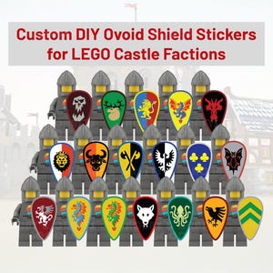 May include: Custom DIY Ovoid Shield Stickers for LEGO Castle Factions. The image shows a collection of colorful shield stickers with various designs, including a skull, stag, lion, bull, and dragon. The stickers are designed to fit LEGO minifigures.