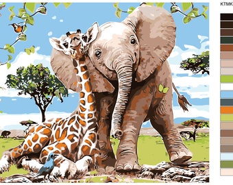 Éléphant mignon et girafe, peinture numérotée pour vos propres animaux, kit de bricolage, peinture acrylique, décoration murale, décoration pour la maison, éléphant, oeuvre d'art KTMK-37215