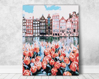 Floral Town Pink Tulips Oil Painting For Adults Paint By Numbers DIY Kit Paint On Your Own Wall Art Home Decor Framed Oil Painting RD0166