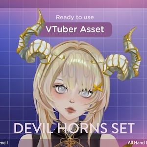 Puede incluir: Ilustración digital de un personaje con cabello rubio y ojos blancos, usando un conjunto de cuernos de diablo. Los cuernos son blancos con detalles dorados. El texto "Ready to use", "VTuber Asset" y "DEVIL HORNS SET" es visible.
