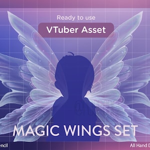 May include: Digital illustration of a VTuber asset, a set of magic wings. The wings are translucent with a gradient of white, purple, and blue. The text "MAGIC WINGS SET" is displayed in white, along with "Ready to use" and "VTuber Asset".