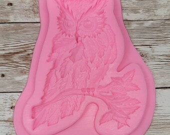 Large Detailed Silicone Mold of A Owl On A Branch in Grey