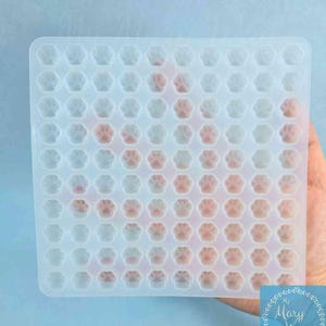 May include: A clear, square silicone mold filled with paw print shapes. The paw prints transition from clear to a light peach color. The mold is held by a hand, with a blue and white logo in the bottom right corner.