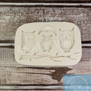 May include: A white silicone mold with three owl shapes and a crescent moon shape. The owls are perched on a branch.