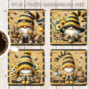 Honey Bee Gnome Square Coaster Sublimation Design, Cute Bee Gnome Coaster PNG Template, Spring Coaster Set, DIY Home Decor, Digital Download