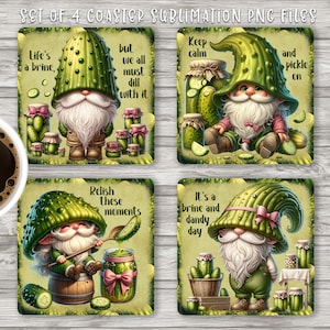 Cute Pickle Gnome Square Coaster Sublimation Design, Pickle Coaster PNG Template, Funny Pickle Quote Coaster, Gherkin DIY Digital Download