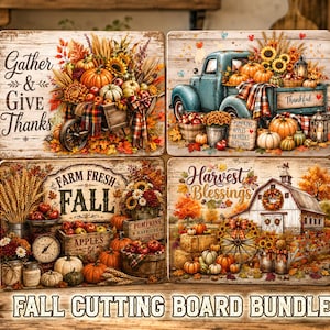 May include: A set of four rectangular cutting boards featuring autumn-themed illustrations. Designs include a wheelbarrow with pumpkins, a blue truck with sunflowers, a farm stand with apples, and a barn with hay bales and harvest text.
