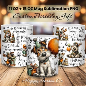 May include: White ceramic mugs with colourful illustrations of dogs, balloons, and birthday-themed text. The mugs feature phrases like "Birthday vibes only!" and "Hip hip hooray!" with a capacity of 325 ml and 444 ml.