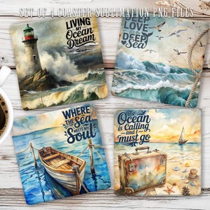 May include: A set of four square coasters with coastal watercolour designs. Each coaster features a different ocean scene with phrases such as "Living My Ocean Dream" and "The Ocean is Calling".