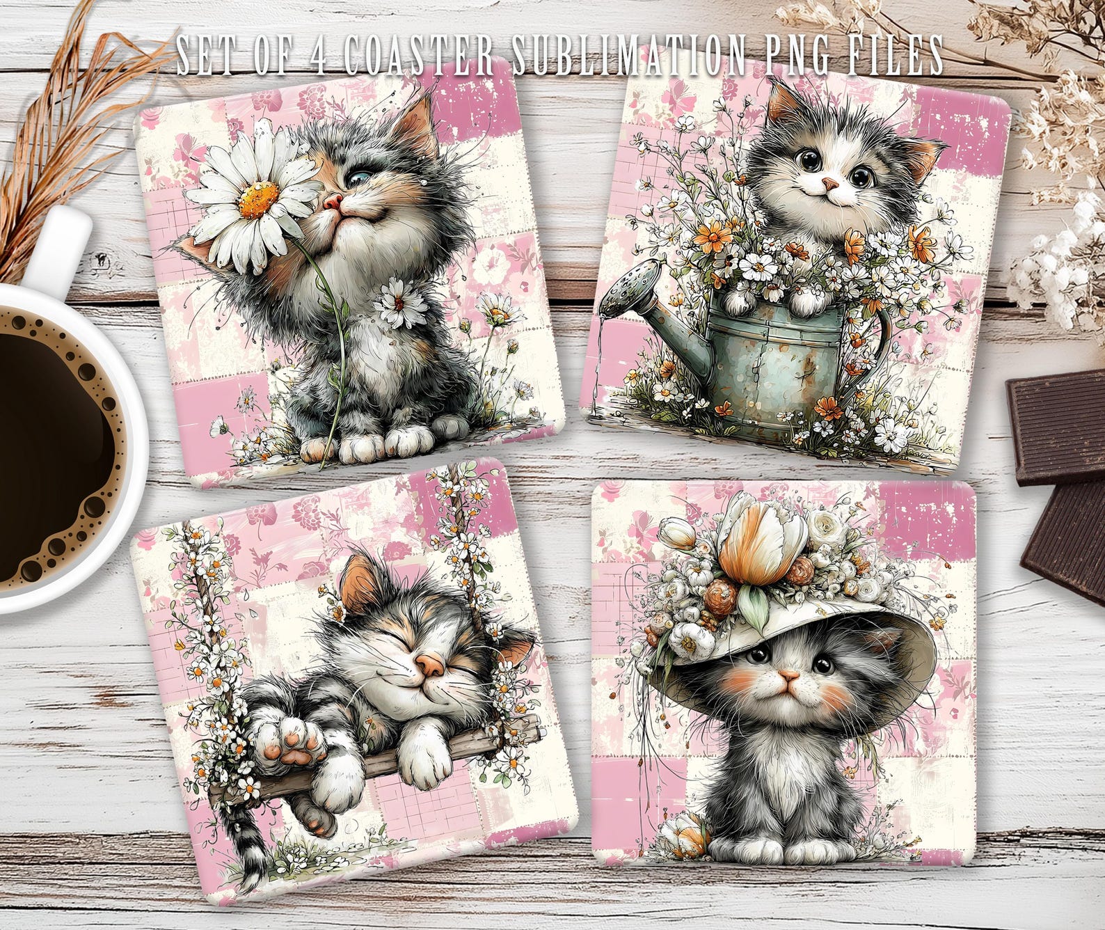 Whimsical Kitten Coaster Sublimation PNG, Spring Floral Cat Print File ...
