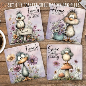 May include: Set of four square coasters with whimsical bird illustrations and floral accents. Each coaster features a different design with phrases like "Family makes this house a home" and "Home is where our story begins."