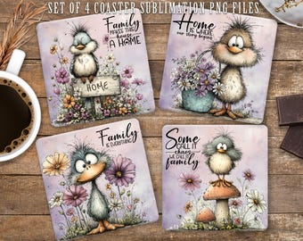 Family & Home Inspirational Coaster Sublimation PNG, Whimsical Bird Print File (Digital Download)
