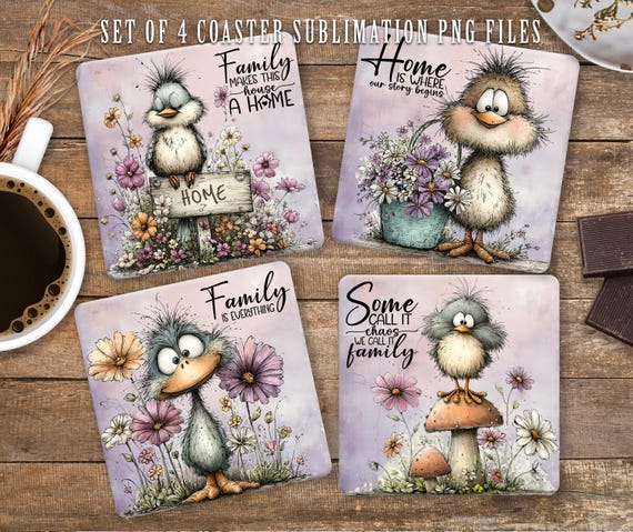 Family & Home Inspirational Coaster Sublimation PNG, Whimsical Bird Print File (Digital Download)