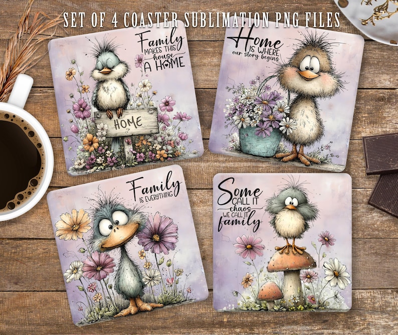 May include: Set of four square coasters with whimsical bird illustrations and floral accents. Each coaster features a different design with phrases like "Family makes this house a home" and "Home is where our story begins."