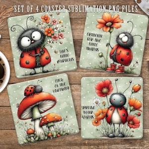 May include: Set of four square coasters with whimsical ladybug illustrations. Each coaster features a different design, including ladybugs with flowers and mushrooms, and inspirational text. The coasters have a light green background with white polka dots.