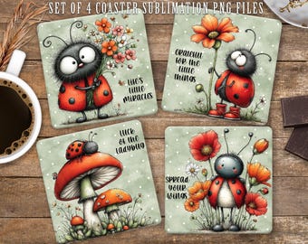 Posavasos de mariquita de primavera (sublimación PNG), archivo con estampado floral caprichoso (descarga digital)