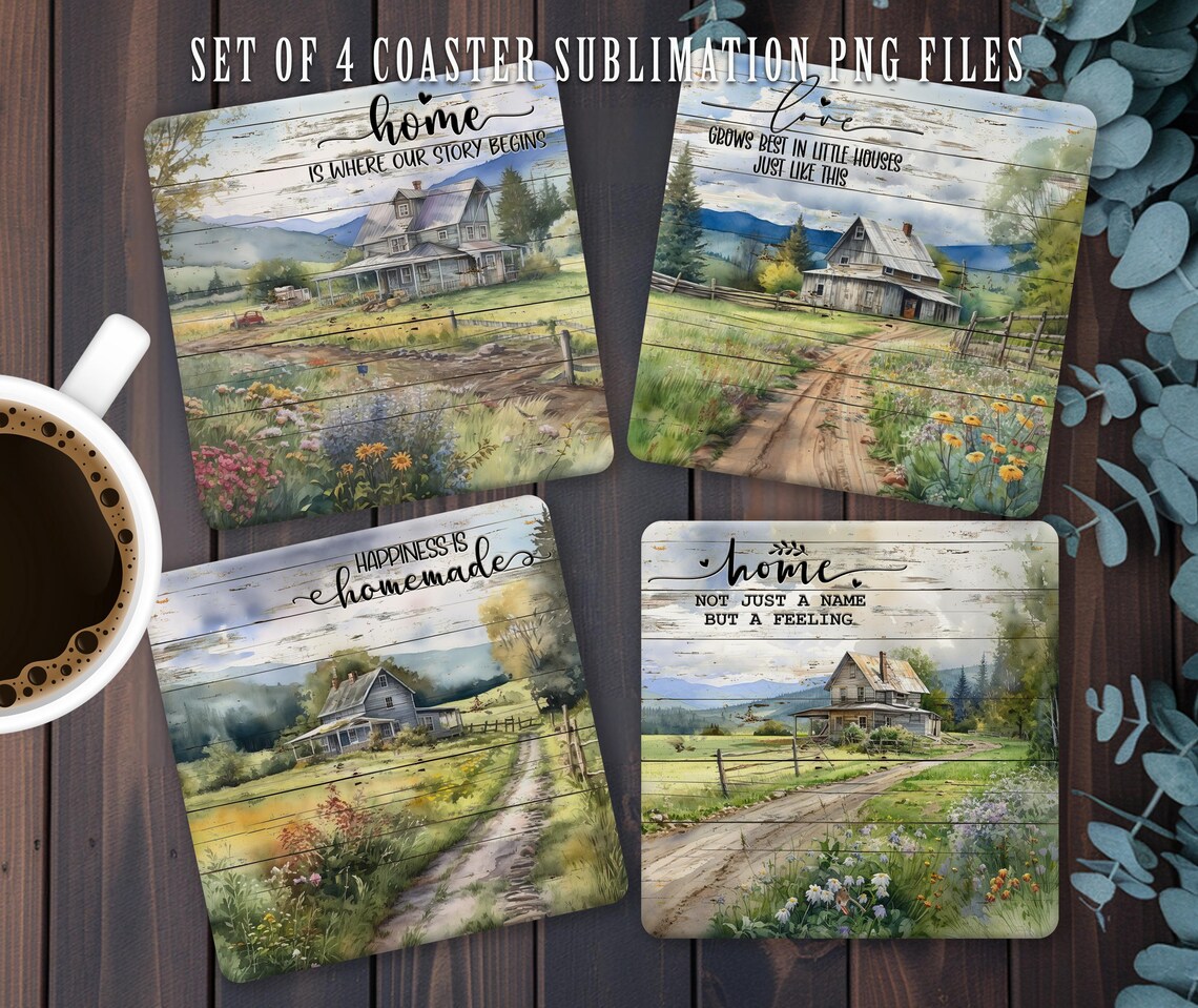 Rustic Country House Square Coaster Sublimation PNG Design, Home Quotes ...