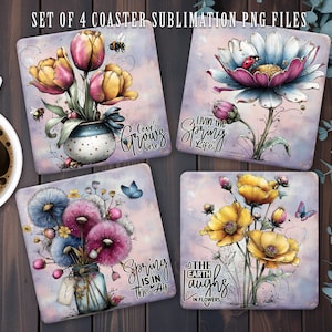 May include: Set of four square coasters with floral designs. Each coaster features a different watercolor illustration of flowers, bees, and butterflies. Text includes "Love Grows Here", "Livin' the Spring Life", "Spring is in the Air", and "The Earth Laughs in Flowers".