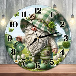 Floral Gnome Clock Sublimation Design, Green Gingham Gnome Clock Face PNG, Cute Spring Gnome Wall Decor Digital Download Template, DIY Clock
