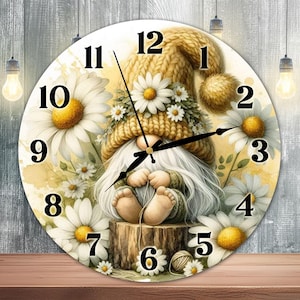 Floral Gnome Clock Sublimation Design, Chamomile Clock Face PNG, Cute Spring Gnome Wall Decor Digital Download Template, DIY Clock Design