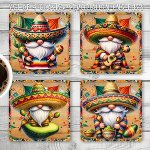 Diseño de sublimación de posavasos cuadrado de gnomo del Cinco de Mayo, plantilla PNG de posavasos de fiesta mexicana, posavasos de gnomo de sombrero, descarga digital DIY