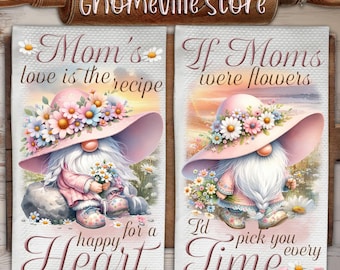 Mom&#39;s Love Inspired Kitchen Towel Sublimation Design, Mother&#39;s Day Quote Tea Towel PNG Template, Floral Gnome Print, DIY Digital Download