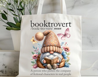 Design de sublimação para bolsa de leitura Gnome, citação engraçada com definição de Booktrovert PNG, modelo de download digital fofo para amante de livros, impressão de bolsa