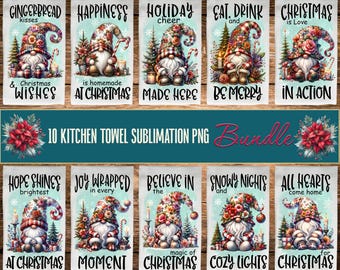 Könnte beinhalten: Ein Set aus zehn weißen Küchentüchern mit Weihnachtszwerg-Designs. Jedes Tuch zeigt einen Zwerg mit floralem Hut und festlichen Texten wie "Gingerbread Kisses" und "Christmas Wishes". Ideal für die Weihnachtsdekoration.