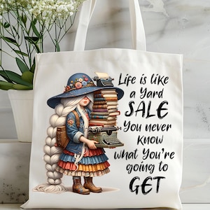 Thrifting Gnome Girl Einkaufstasche Sublimationsdesign, lustiges inspirierendes Zitat PNG, Shopping Girl Taschendruck, Schnäppchen Digitaler Download Vorlage