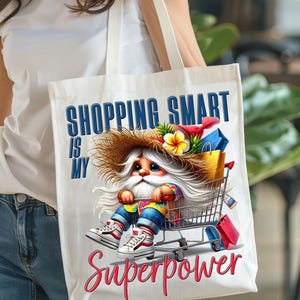 Diseño de sublimación de bolsa de mano con diseño de gnomo de compras, cita inspiradora divertida PNG, impresión de bolsa con superpoderes, plantilla de descarga digital de amor por las compras