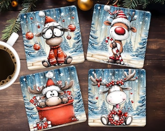 Funny Reindeer Square Coaster Sublimation Design, Cute Christmas DIY Cup Coaster PNG, Winter Holiday Gift, Coaster Template, Festive Print
