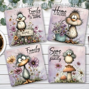 May include: Set of four square coasters with whimsical bird illustrations and floral accents. Each coaster features a different bird design with phrases like "Family makes this house a home" and "Home is where our story begins."