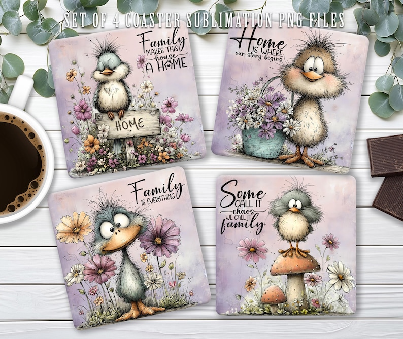 May include: Set of four square coasters with whimsical bird illustrations and floral accents. Each coaster features a different bird design with phrases like "Family makes this house a home" and "Home is where our story begins."