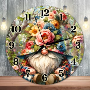 Floral Gnome Clock Sublimation Design, Romantic Gnome Clock Face PNG, Cute Spring Gnome Wall Decor Digital Download Template, DIY Clock