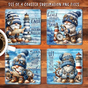 Lighthouse Gnome Square Coaster Sublimation Design, Sea Life Quotes Coaster PNG Template, Cute Sailor Gnome Coaster, DIY Digital Download