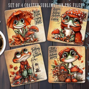 May include: A set of four square coasters featuring frog illustrations with autumn themes. The designs include frogs with umbrellas, mugs, lanterns, and baskets, accompanied by text such as Keep Calm and Enjoy Fall, Leaves are Falling, Autumn is Calling, Falling for this Season, and Fall Breeze and Autumn Leaves.