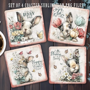 May include: Set of four square coasters with watercolor illustrations of bunnies, flowers, and butterflies. Each coaster features a different bunny design with text like "Shake Your Bunny Tail" and "Happy Easter Wishes".