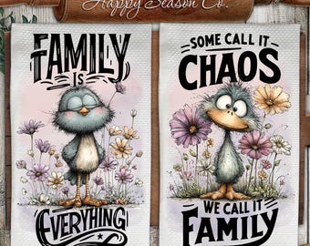 Family Inspirational Kitchen Towel Sublimation PNG, Whimsical Birds Print File (Digital Download)