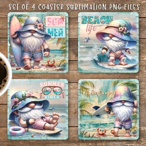 Funny Surfer Square Coaster Sublimation Design, Summer Vibes Quote Coaster PNG Template, Beach Lover Gnome Coaster, DIY Digital Download