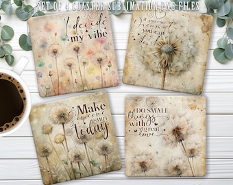 Rustic Dandelion Square Coaster Sublimation PNG Design, Inspirational Quotes Digital Print Template File
