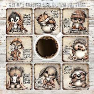 Puede incluir: Juego de 8 posavasos de sublimación con ilustraciones de animales adorables y citas relacionadas con el café. Los diseños incluyen un pingüino, un gato, un búho, un pato, un erizo, un oso, un conejo y un perezoso, cada uno con una taza de café.