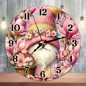 Floral Gnome Clock Sublimation Design, Magnolia Gnome Clock Face PNG, Cute Spring Gnome Wall Decor Digital Download Template, DIY Clock